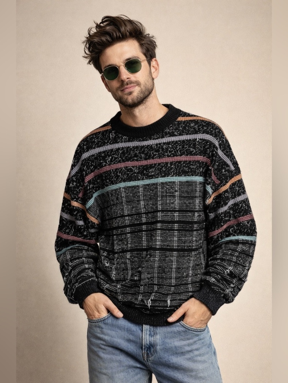 VINTAGE Allen Wah Sweater Mens L USA Made 80s 90s Abstract Knit Artwear Cotton